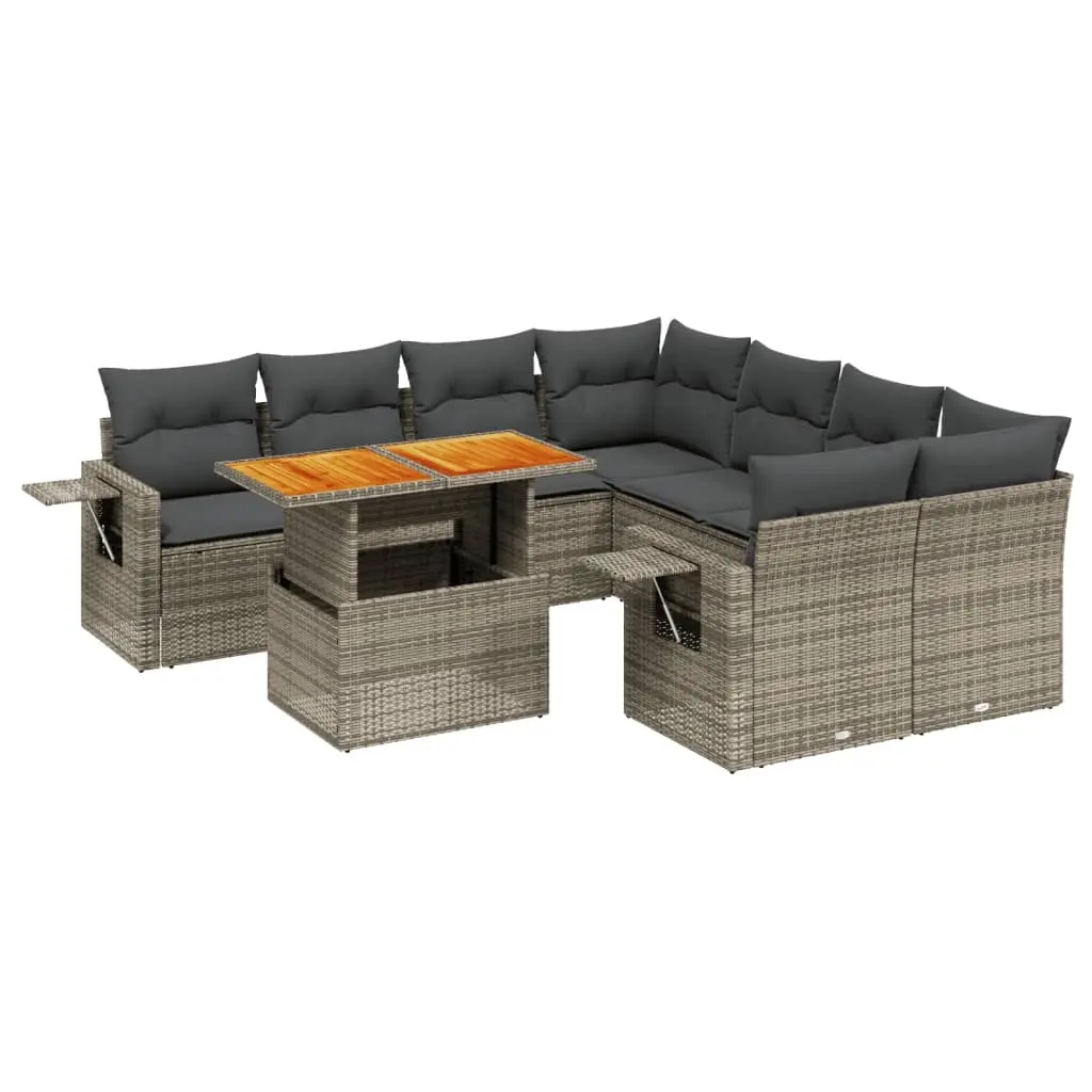 9 Piece Garden Sofa Set with Cushions Grey Poly Rattan 3271683 - Furniture