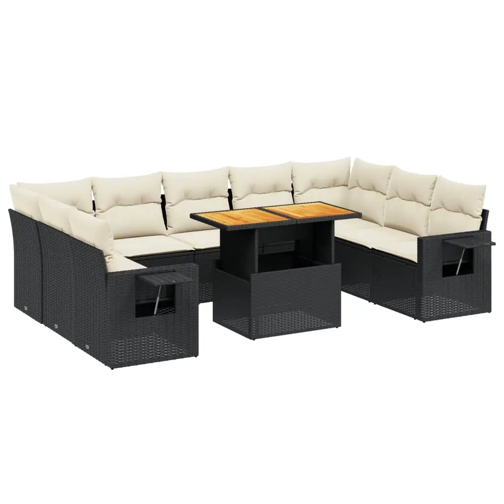 10 Piece Garden Sofa Set with Cushions Black Poly Rattan 3271896 - Furniture