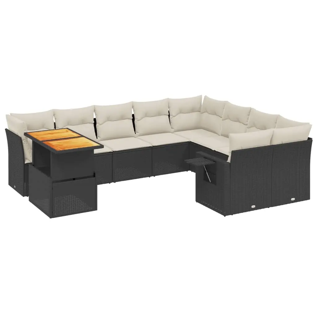 10 Piece Garden Sofa Set with Cushions Black Poly Rattan 3271917 - Furniture