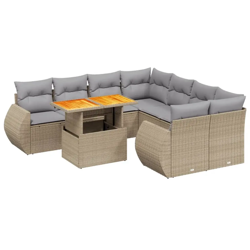 9 Piece Garden Sofa Set with Cushions Beige Poly Rattan 3272123 - Furniture