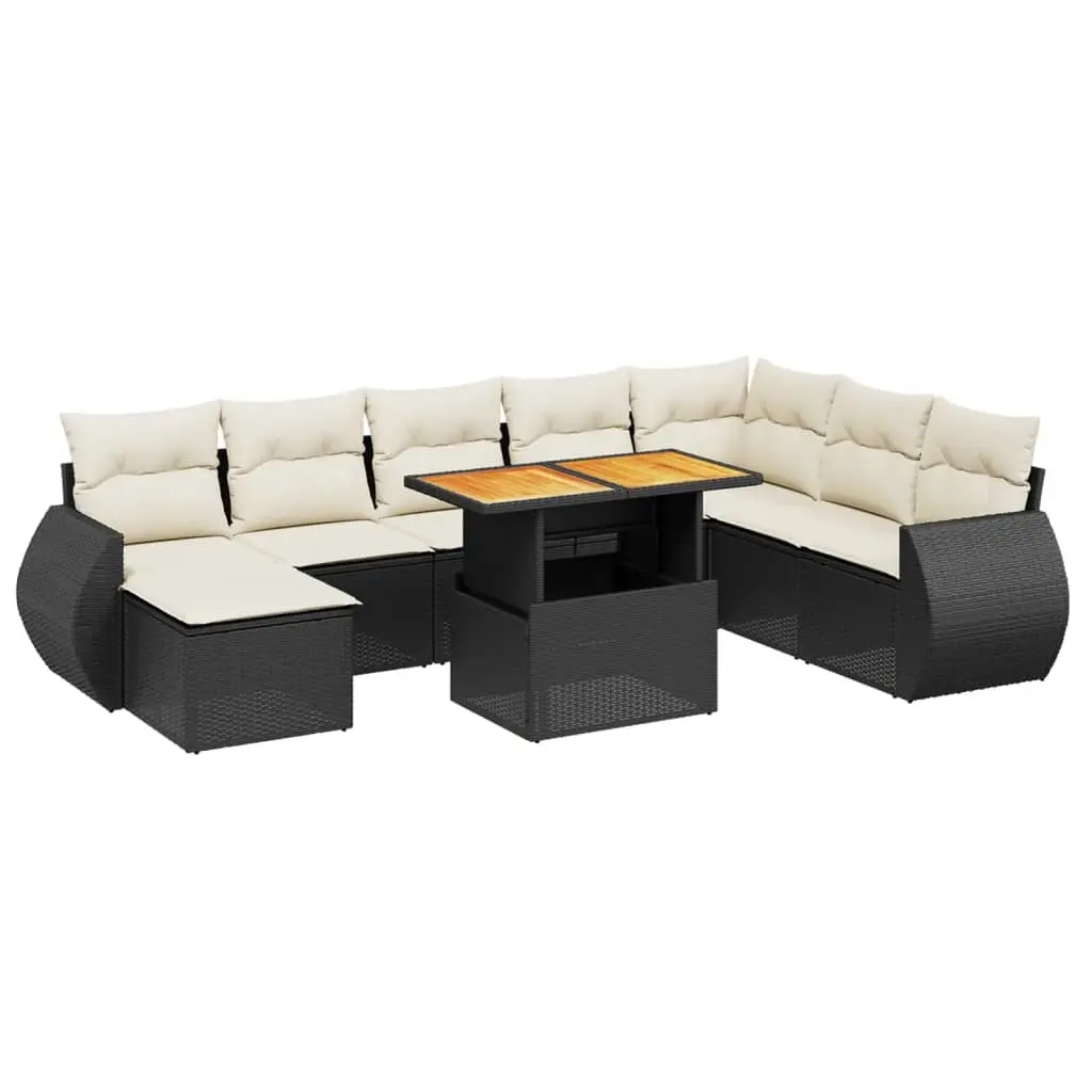 9 Piece Garden Sofa Set with Cushions Black Poly Rattan 3272330 - Furniture