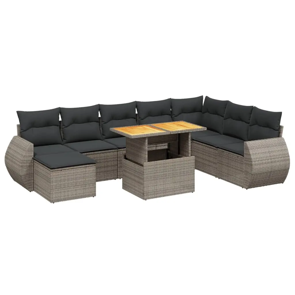 9 Piece Garden Sofa Set with Cushions Grey Poly Rattan 3272334 - Furniture