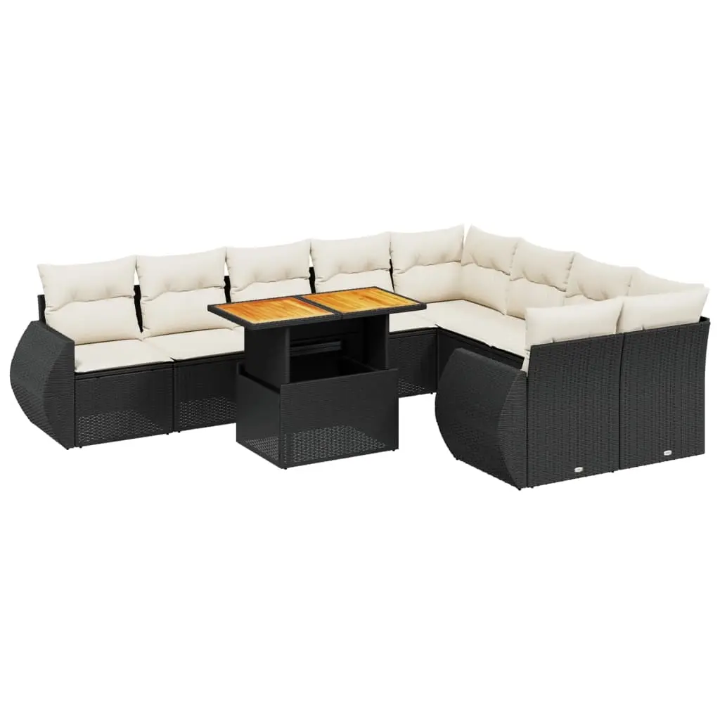 10 Piece Garden Sofa Set with Cushions Black Poly Rattan 3272351 - Furniture