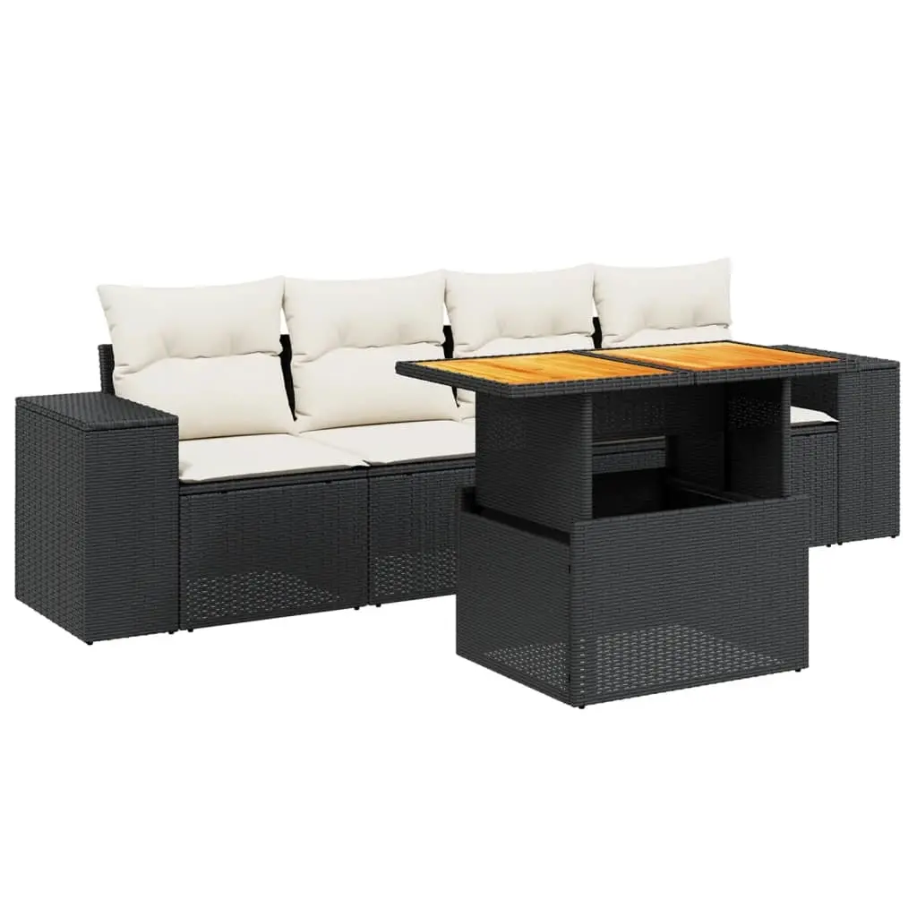 5 Piece Garden Sofa Set with Cushions Black Poly Rattan 3272512 - Furniture
