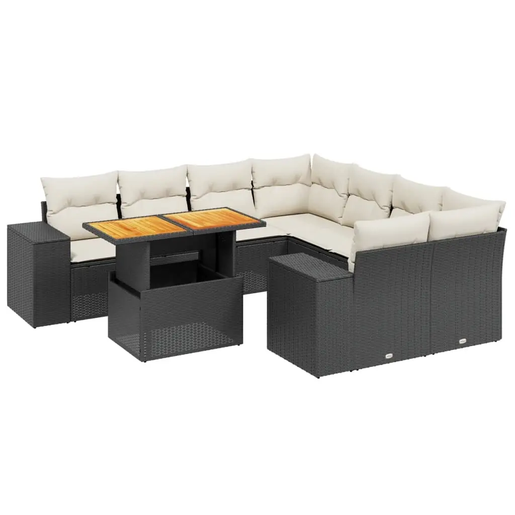 9 Piece Garden Sofa Set with Cushions Black Poly Rattan 3272561 - Furniture