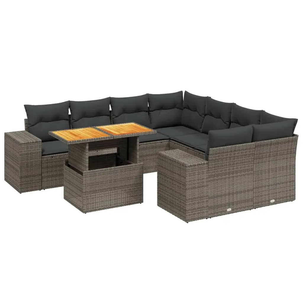 9 Piece Garden Sofa Set with Cushions Grey Poly Rattan 3272565 - Furniture