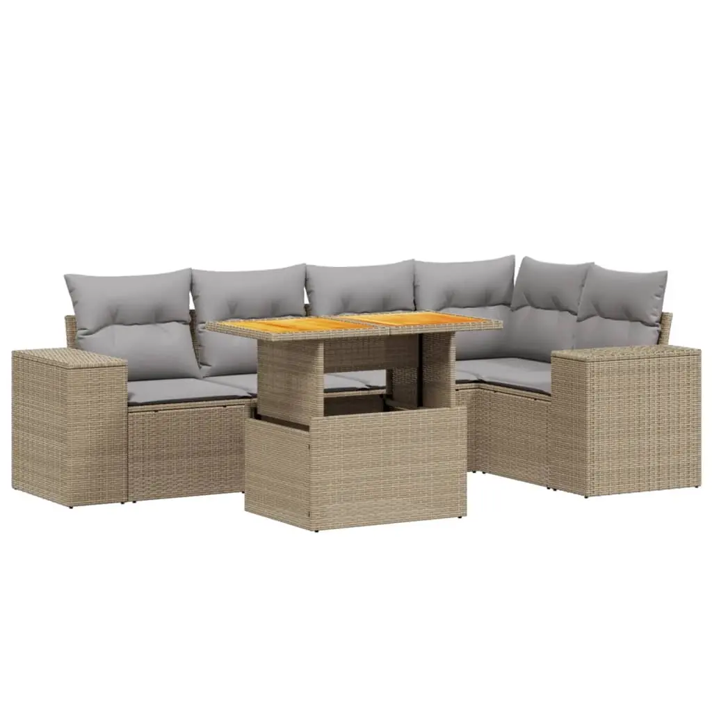 6 Piece Garden Sofa Set with Cushions Beige Poly Rattan 3272627 - Furniture