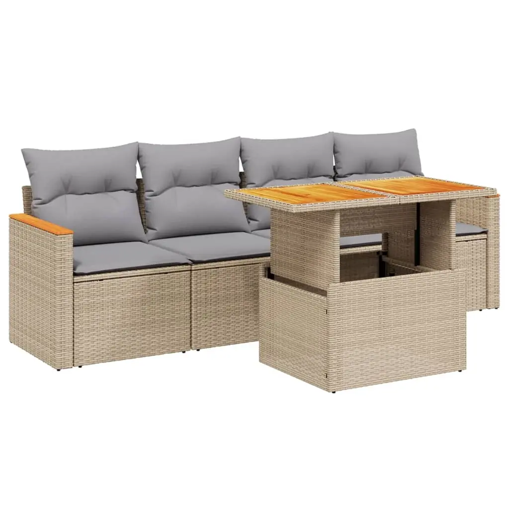 5 Piece Garden Sofa Set with Cushions Beige Poly Rattan 3272956 - Furniture
