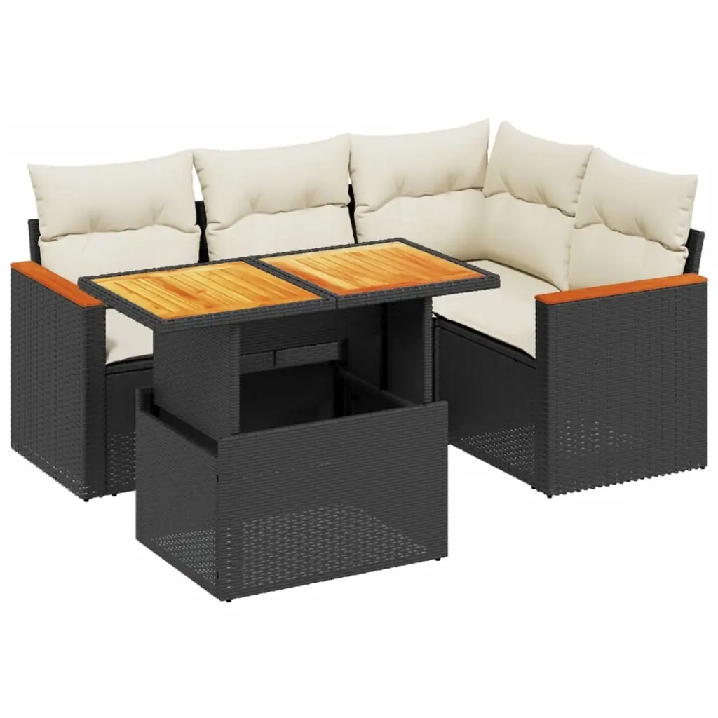 5 Piece Garden Sofa Set with Cushions Black Poly Rattan 3273058 - Furniture