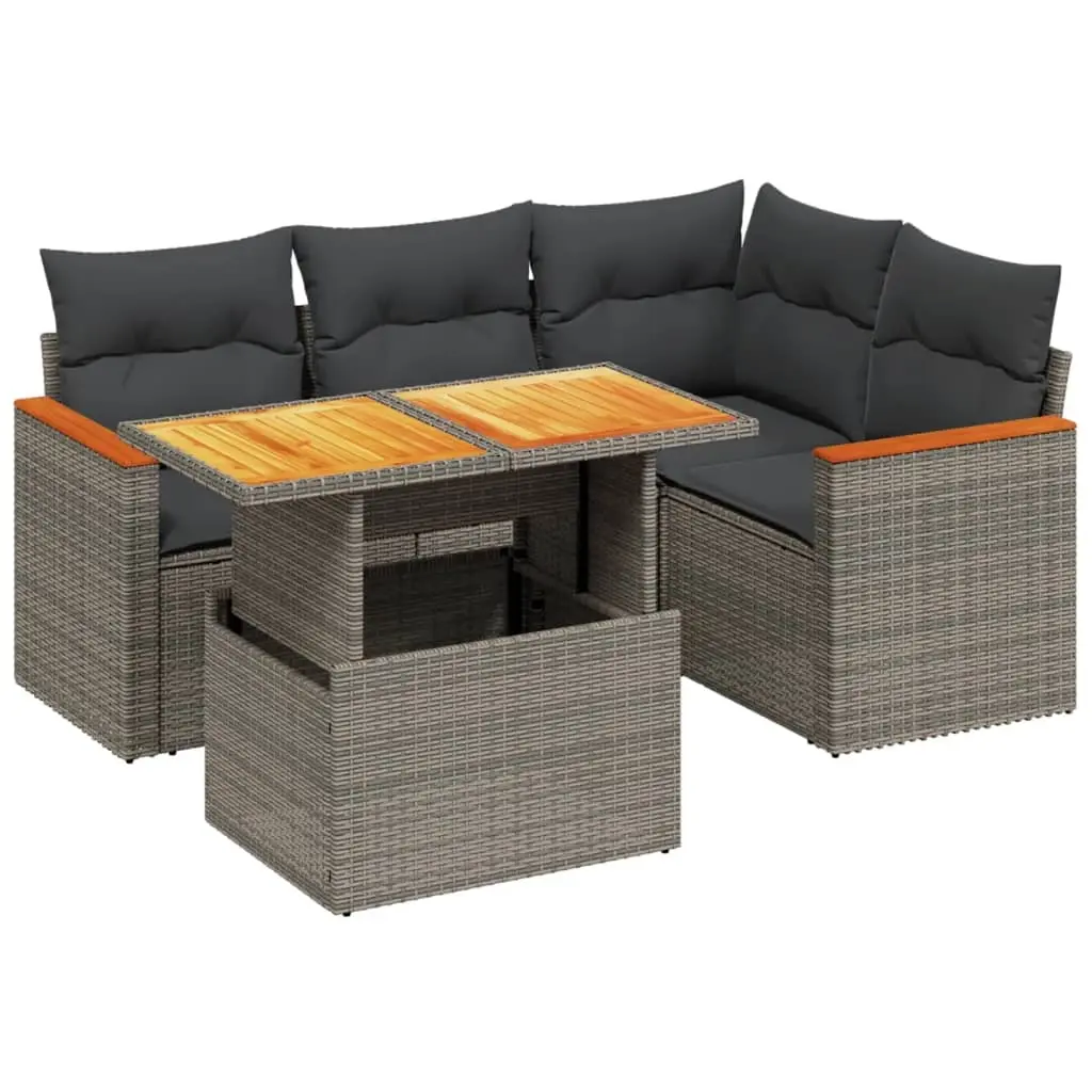 5 Piece Garden Sofa Set with Cushions Grey Poly Rattan 3273062 - Furniture