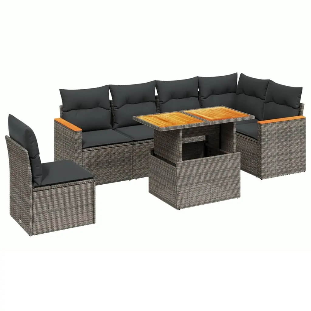 7 Piece Garden Sofa Set with Cushions Grey Poly Rattan 3273104 - Furniture