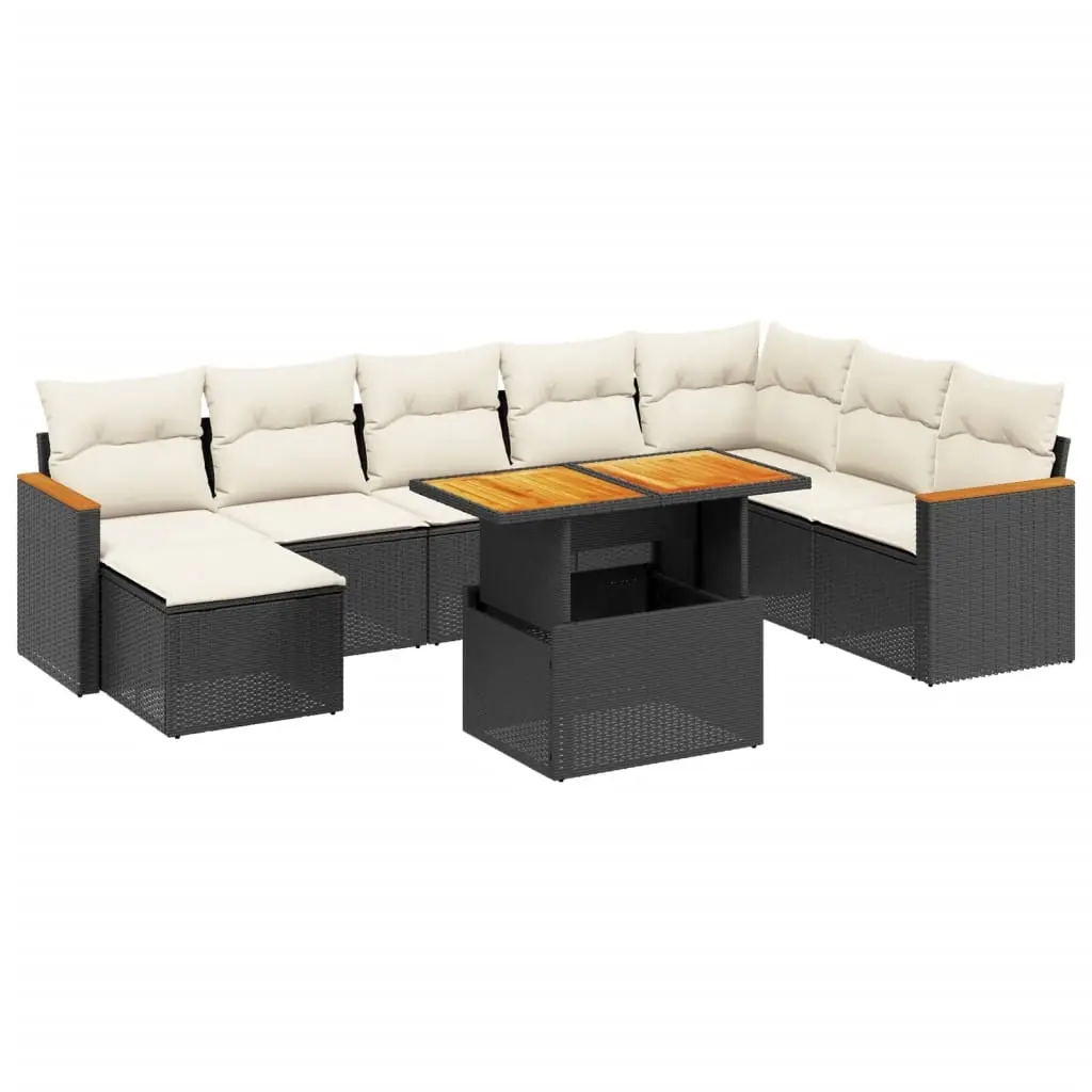 9 Piece Garden Sofa Set with Cushions Black Poly Rattan 3273212 - Furniture