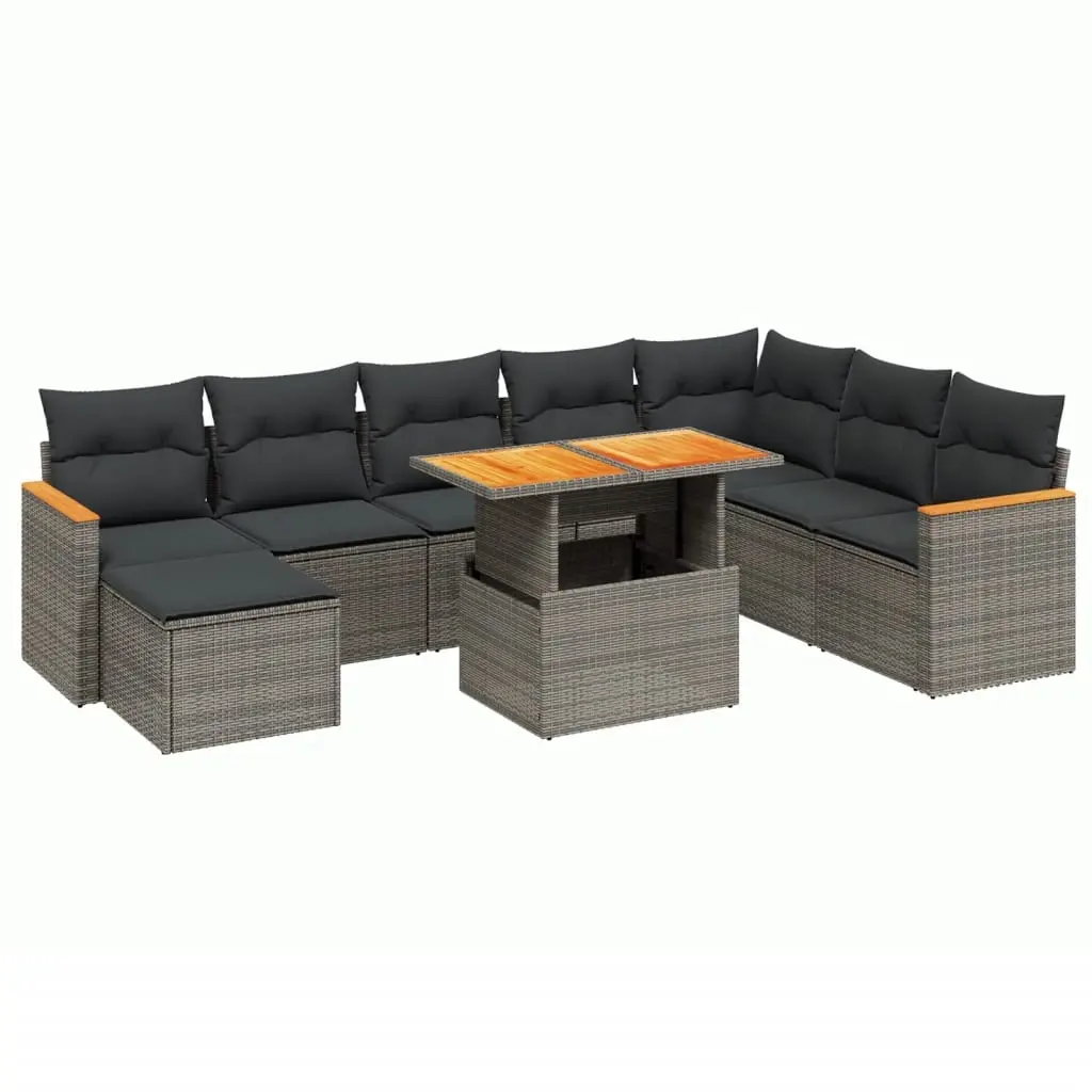 9 Piece Garden Sofa Set with Cushions Grey Poly Rattan 3273216 - Furniture