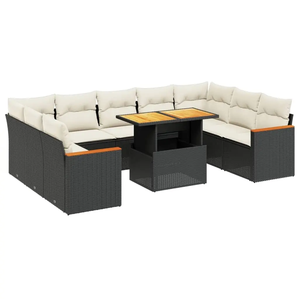10 Piece Garden Sofa Set with Cushions Black Poly Rattan 3273219 - Furniture