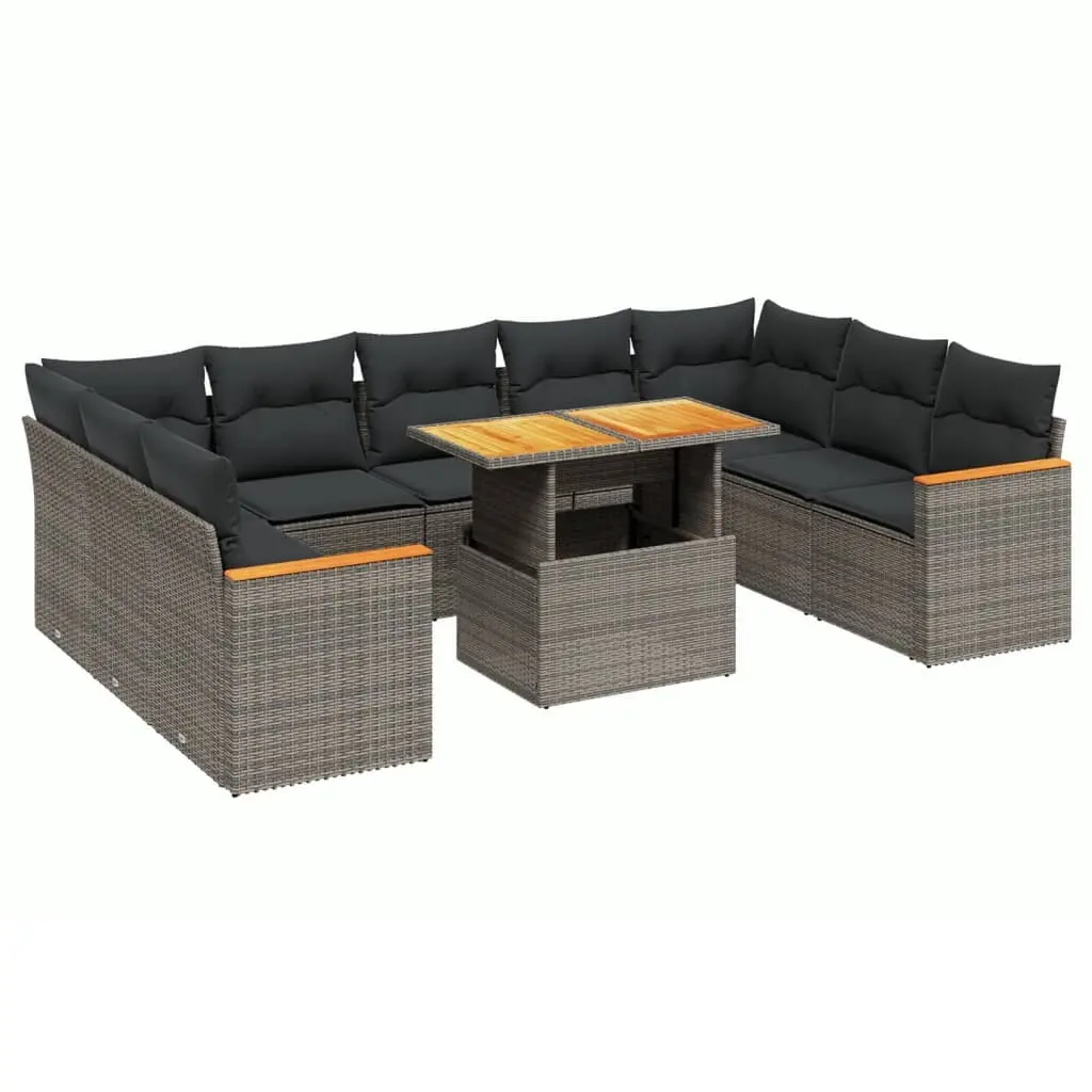 10 Piece Garden Sofa Set with Cushions Grey Poly Rattan 3273223 - Furniture