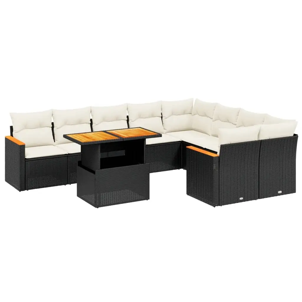 10 Piece Garden Sofa Set with Cushions Black Poly Rattan 3273233 - Furniture