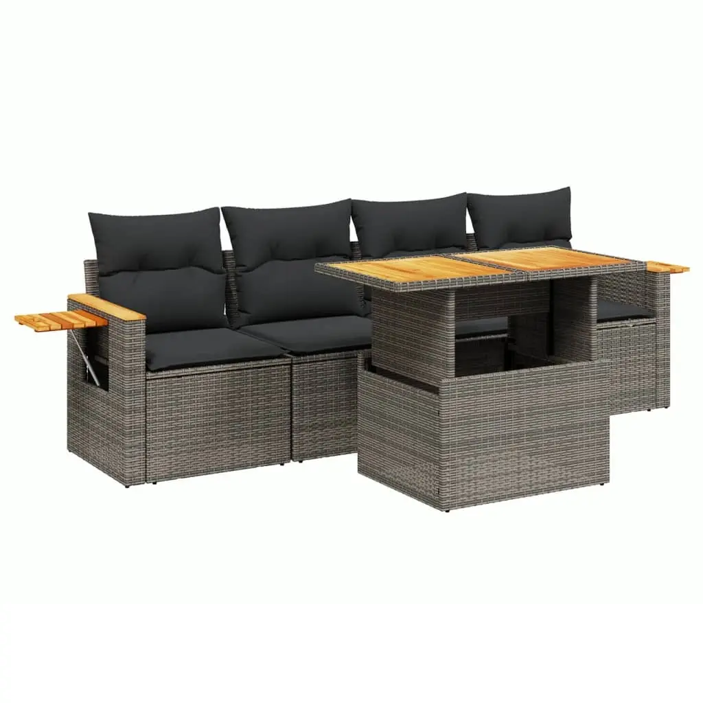 5 Piece Garden Sofa Set with Cushions Grey Poly Rattan 3273398 - Furniture