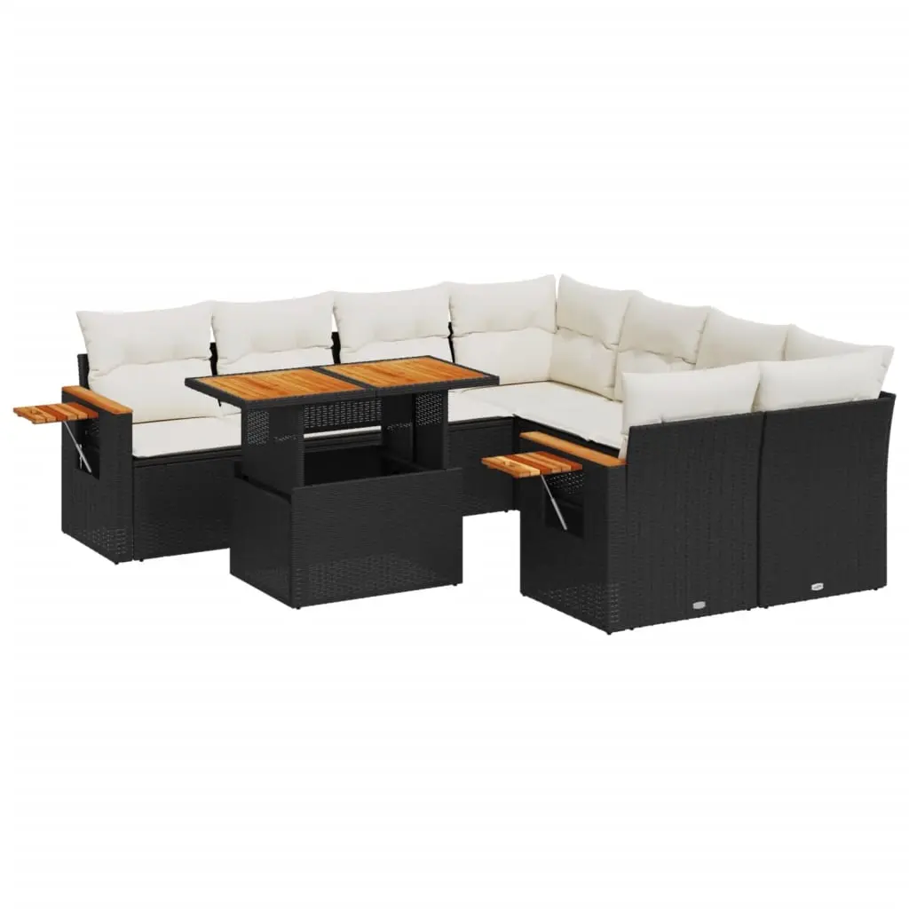 9 Piece Garden Sofa Set with Cushions Black Poly Rattan 3273443 - Furniture