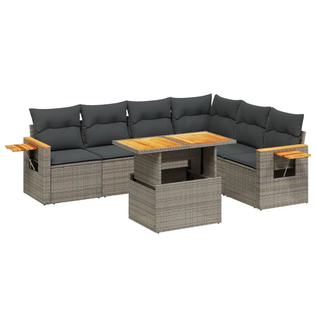 7 Piece Garden Sofa Set with Cushions Grey Poly Rattan 3273538 - Furniture