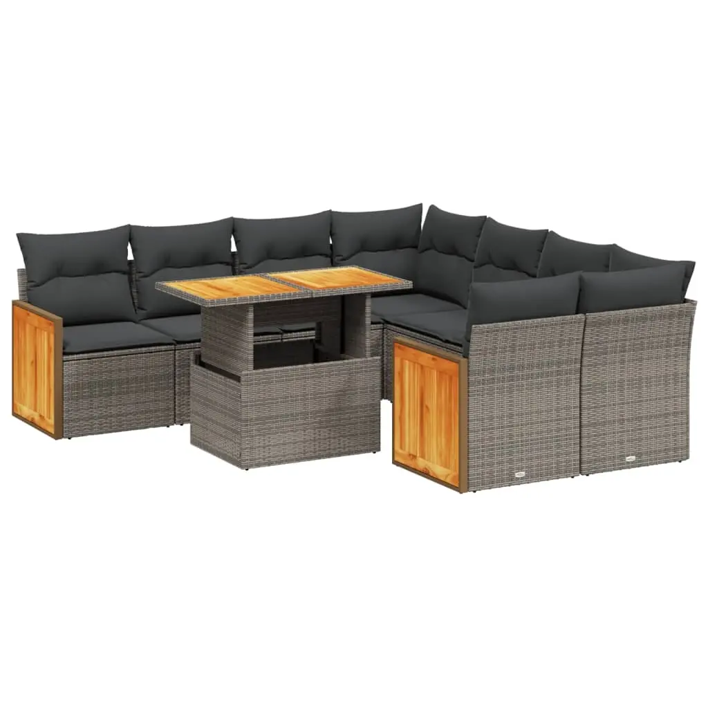 9 Piece Garden Sofa Set with Cushions Grey Poly Rattan 3273888 - Furniture