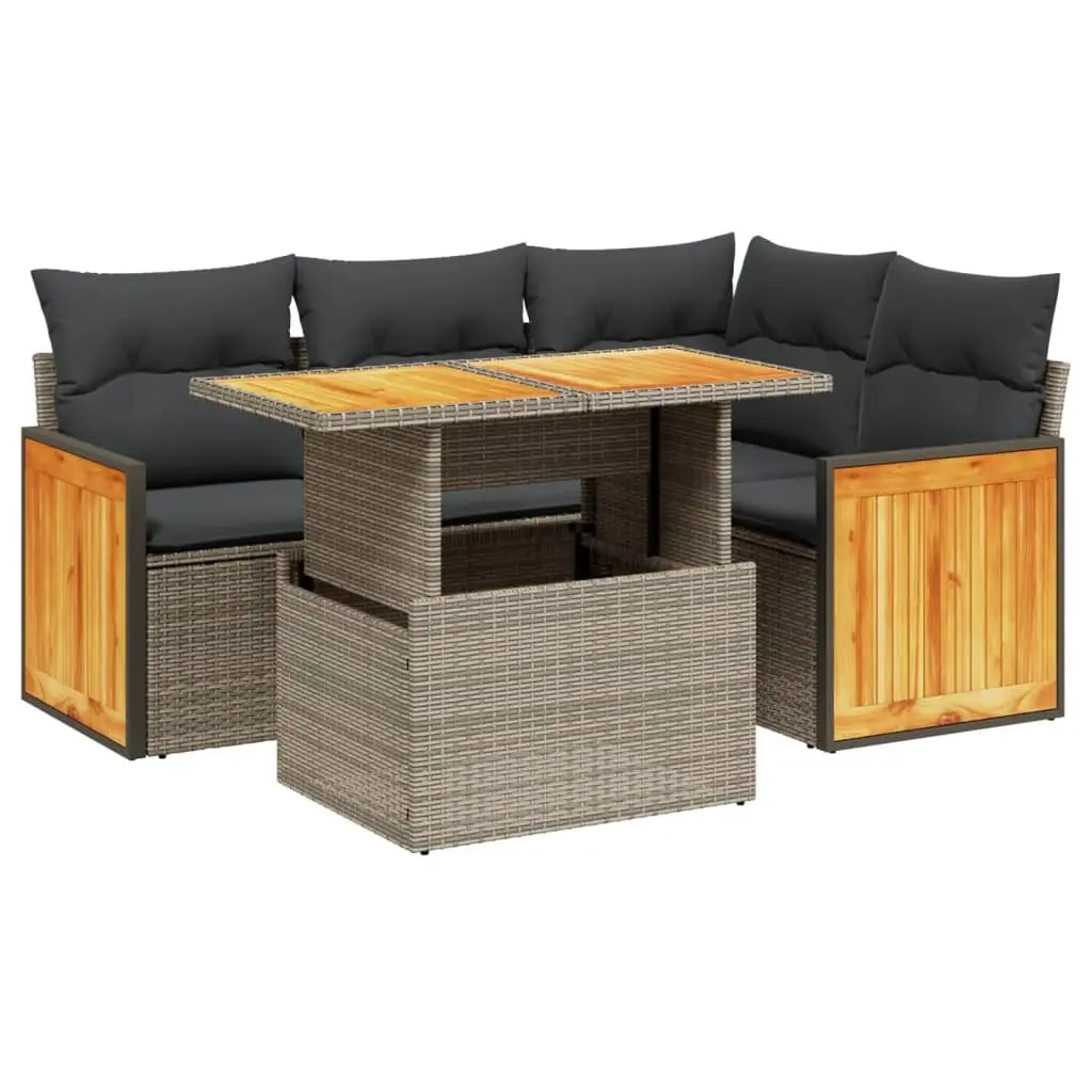 5 Piece Garden Sofa Set with Cushions Grey Poly Rattan 3273944 - Furniture
