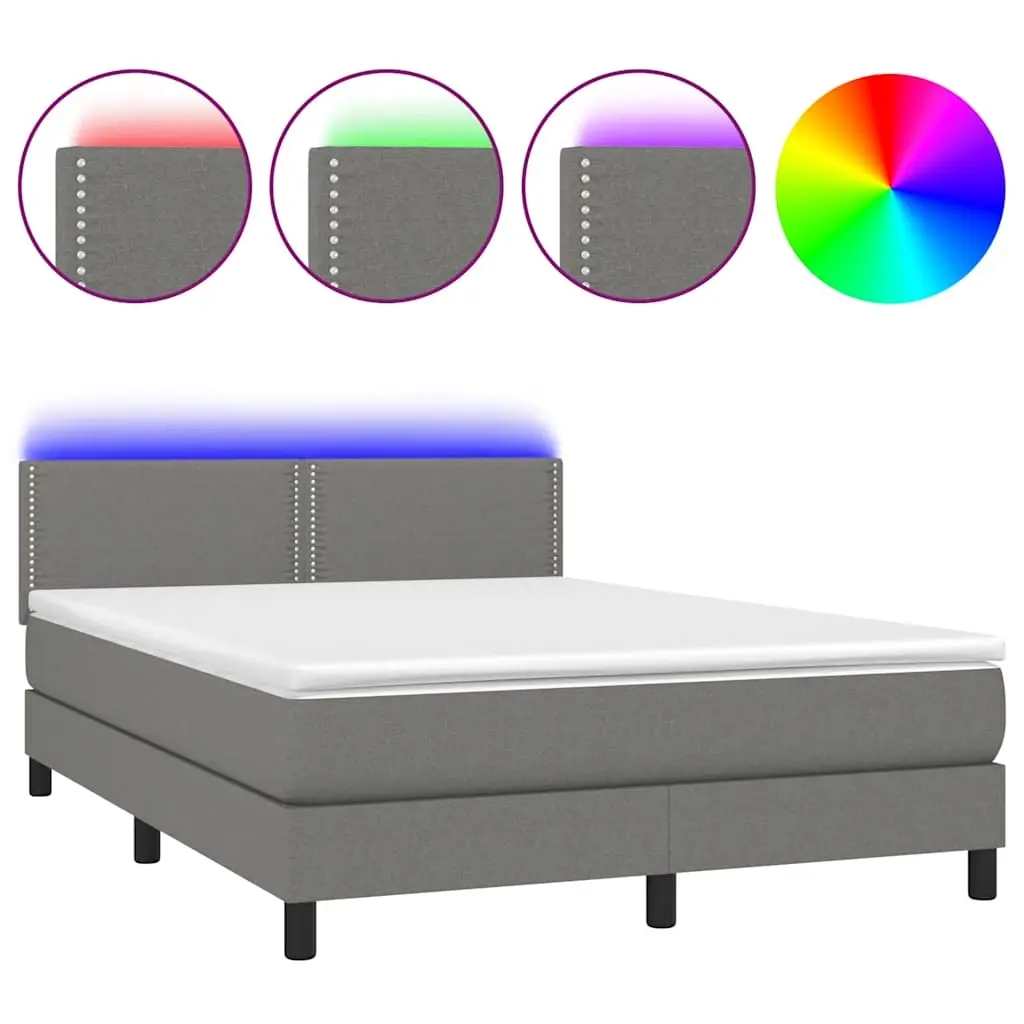 Box Spring Bed with Mattress&LED Dark Grey 137x187 cm Double Size Fabric 3283261 - Furniture