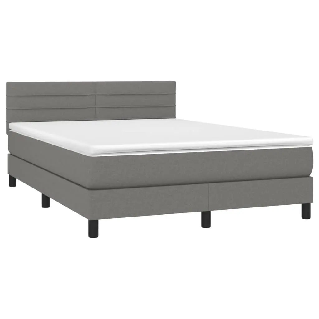 Box Spring Bed with Mattress&LED Dark Grey 137x187 cm Double Size Fabric 3283265 - Furniture