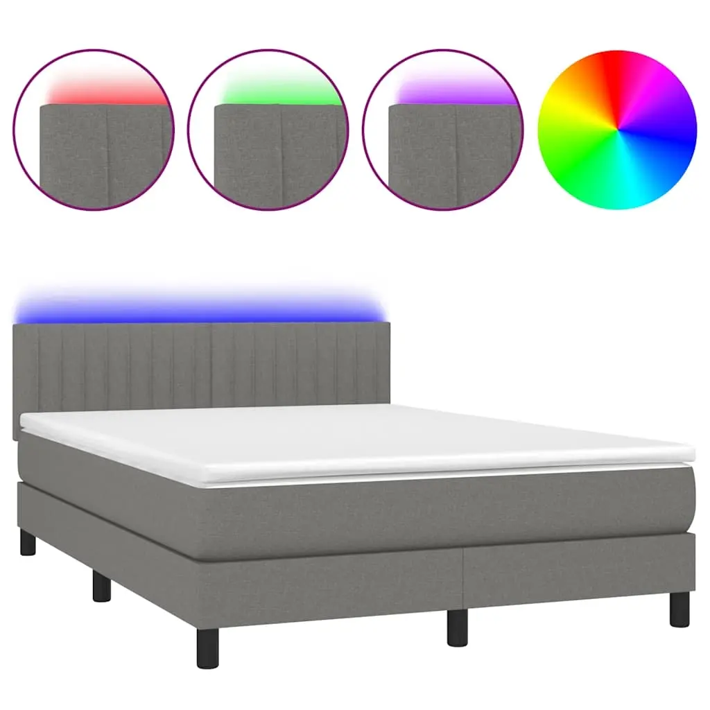 Box Spring Bed with Mattress&LED Dark Grey 153x203 cm Queen Size Fabric 3283281 - Furniture