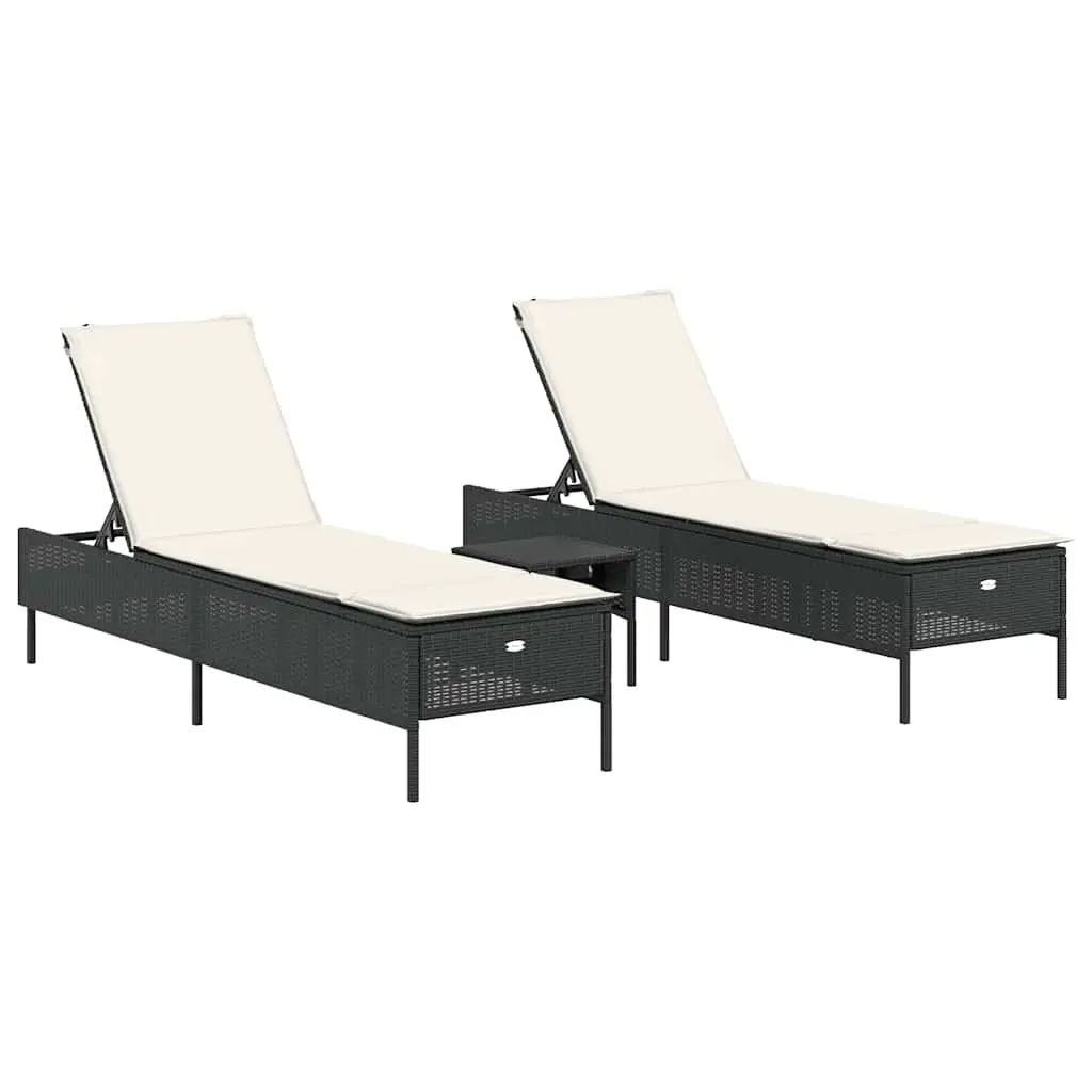 3 Piece Sun Lounger Set with Cushion Black Poly Rattan 3284263 - Furniture
