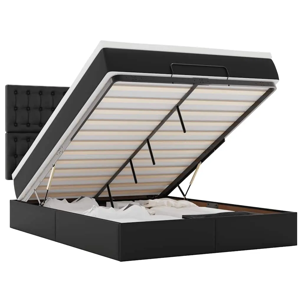 Ottoman Bed with Mattress & LEDs Black Queen Faux Leather 3313876 - Furniture