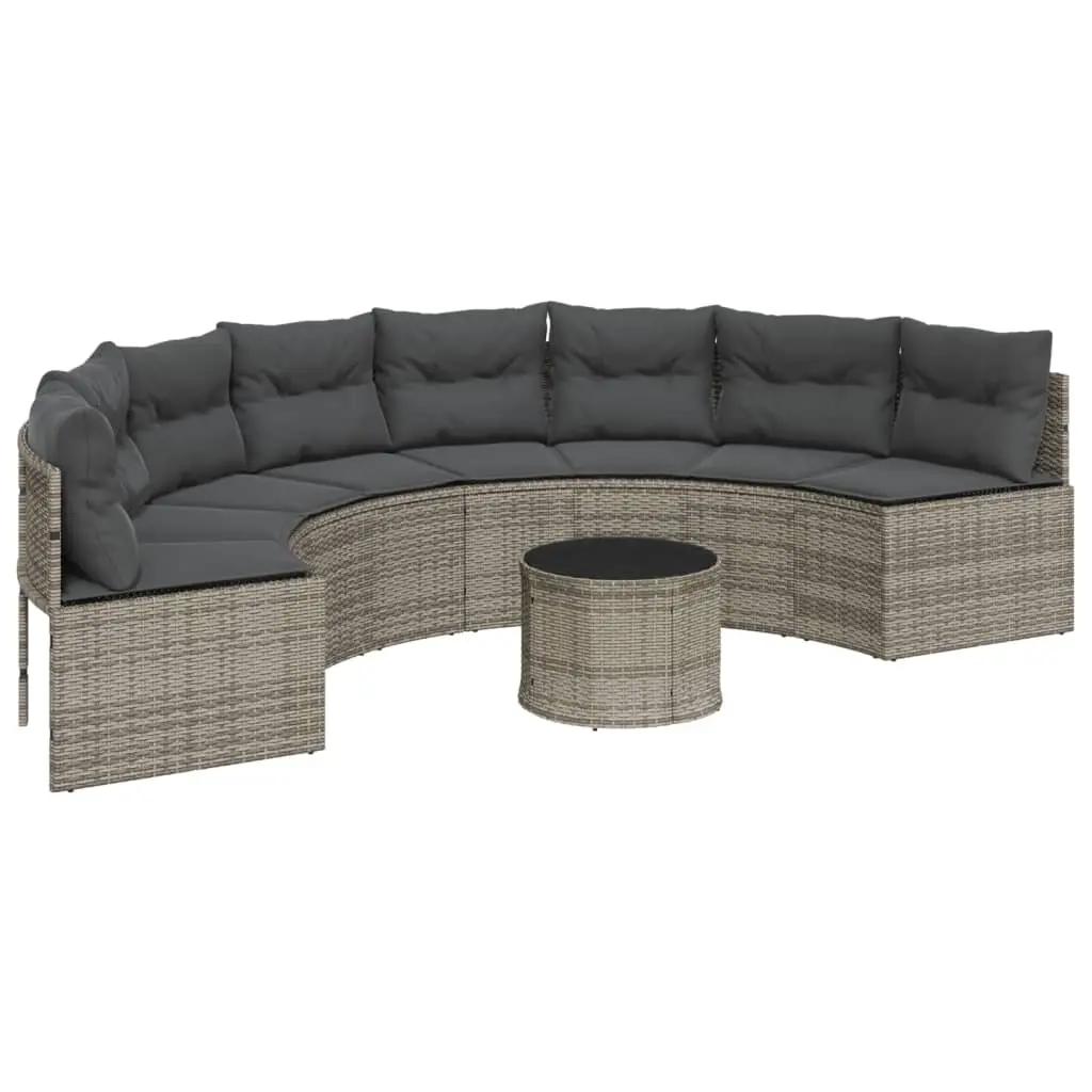 Garden Sofa with Table and Cushions Half-Round Grey Poly Rattan 3318527
