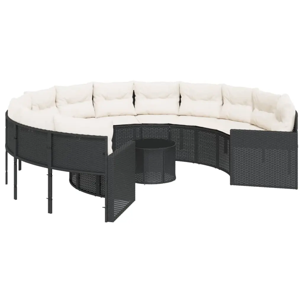 Garden Sofa with Table and Cushions Round Black Poly Rattan 3318535 - Furniture