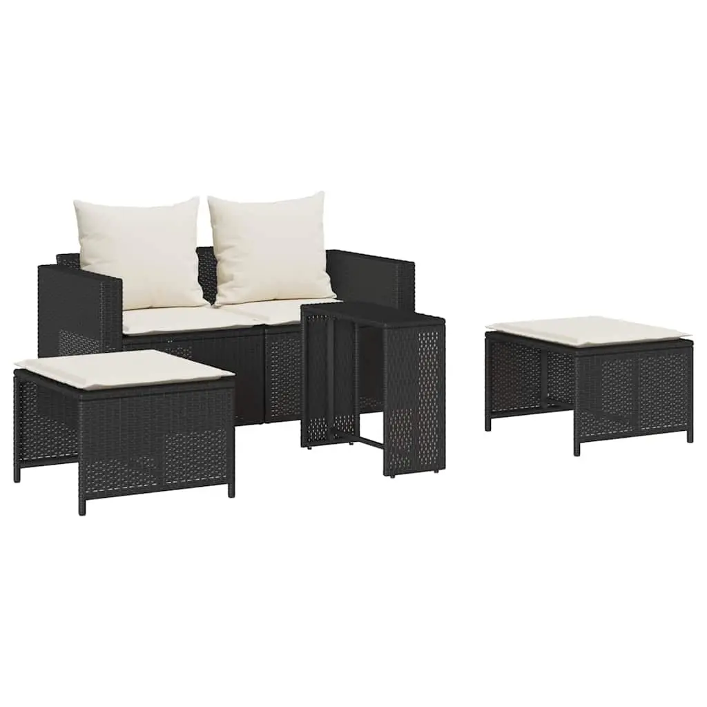 5 Piece Garden Sofa Set with Cushions Stackable Black Poly Rattan 4104163 - Furniture