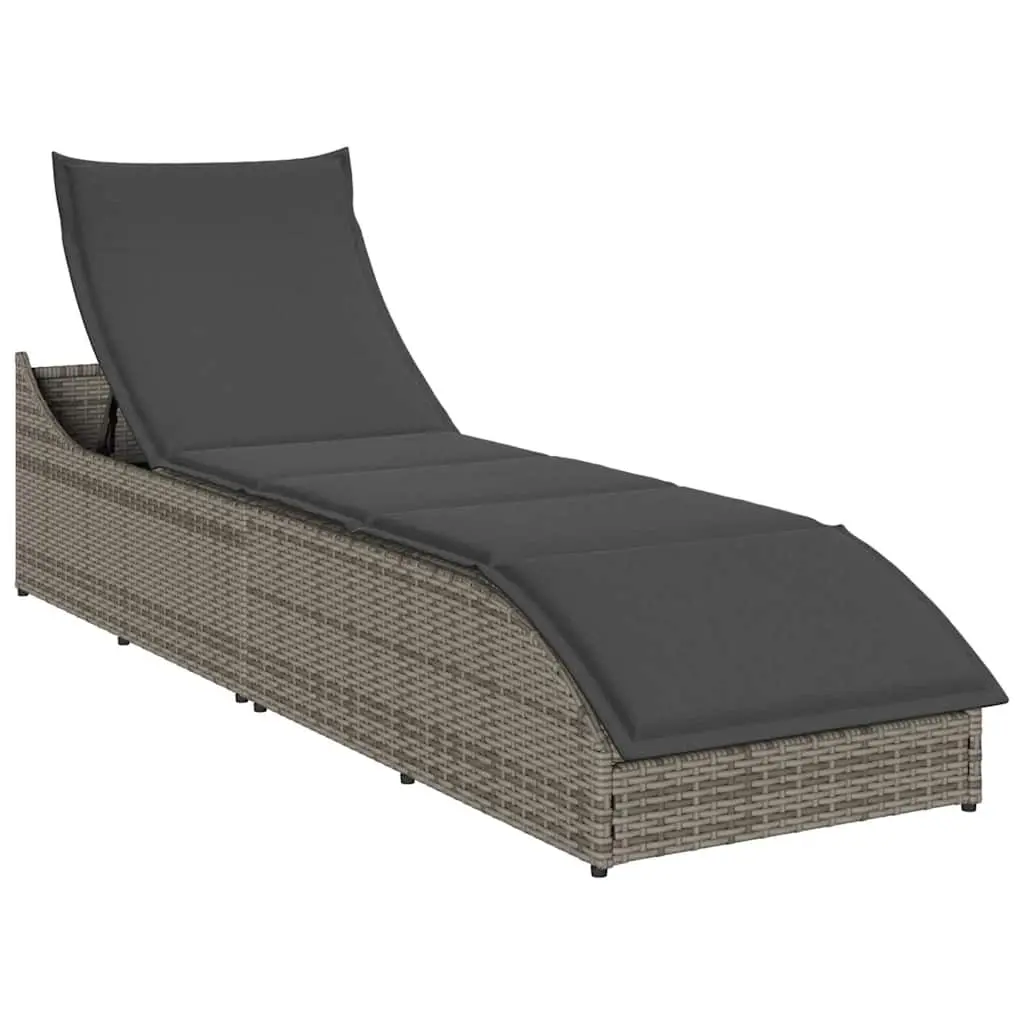 Folding Sun Lounger with Cushion and Storage Grey Poly Rattan 4104222 - Furniture