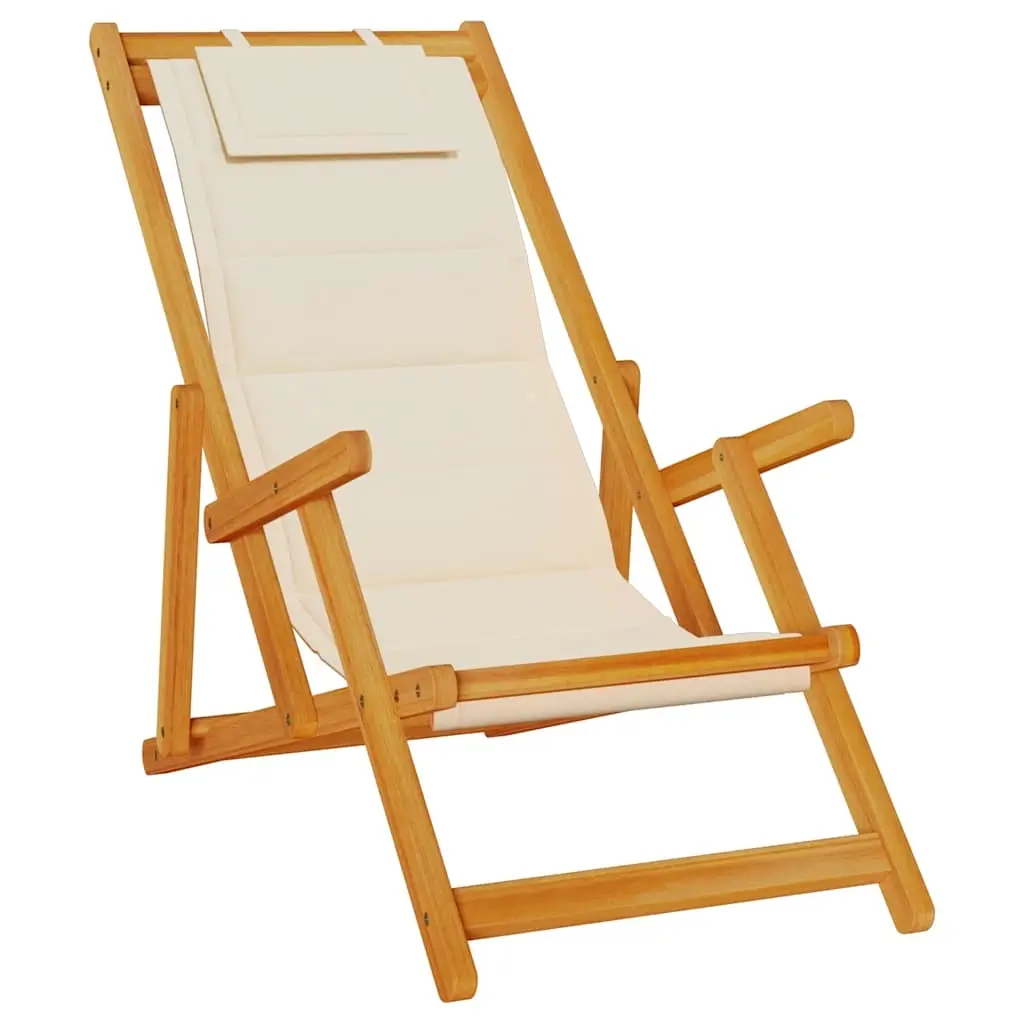 Folding Beach Chair with Armrests Cream Acacia Wood & Textilene 4108067 - Furniture
