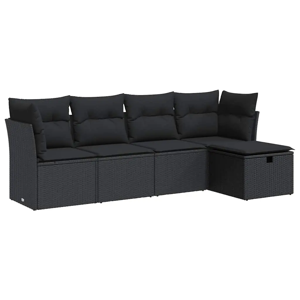 5 Piece Garden Sofa Set with Cushions Black Poly Rattan 3325261 - Furniture