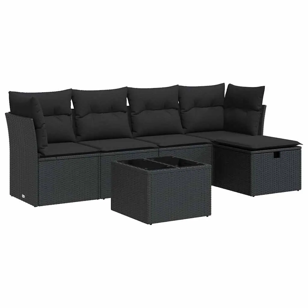 6 Piece Garden Sofa Set with Cushions Black Poly Rattan 3325271 - Furniture