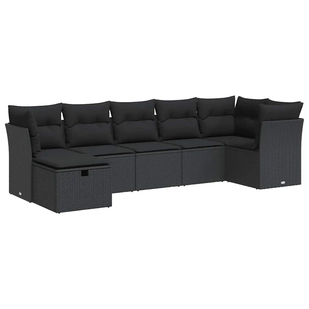 7 Piece Garden Sofa Set with Cushions Black Poly Rattan 3325301 - Furniture