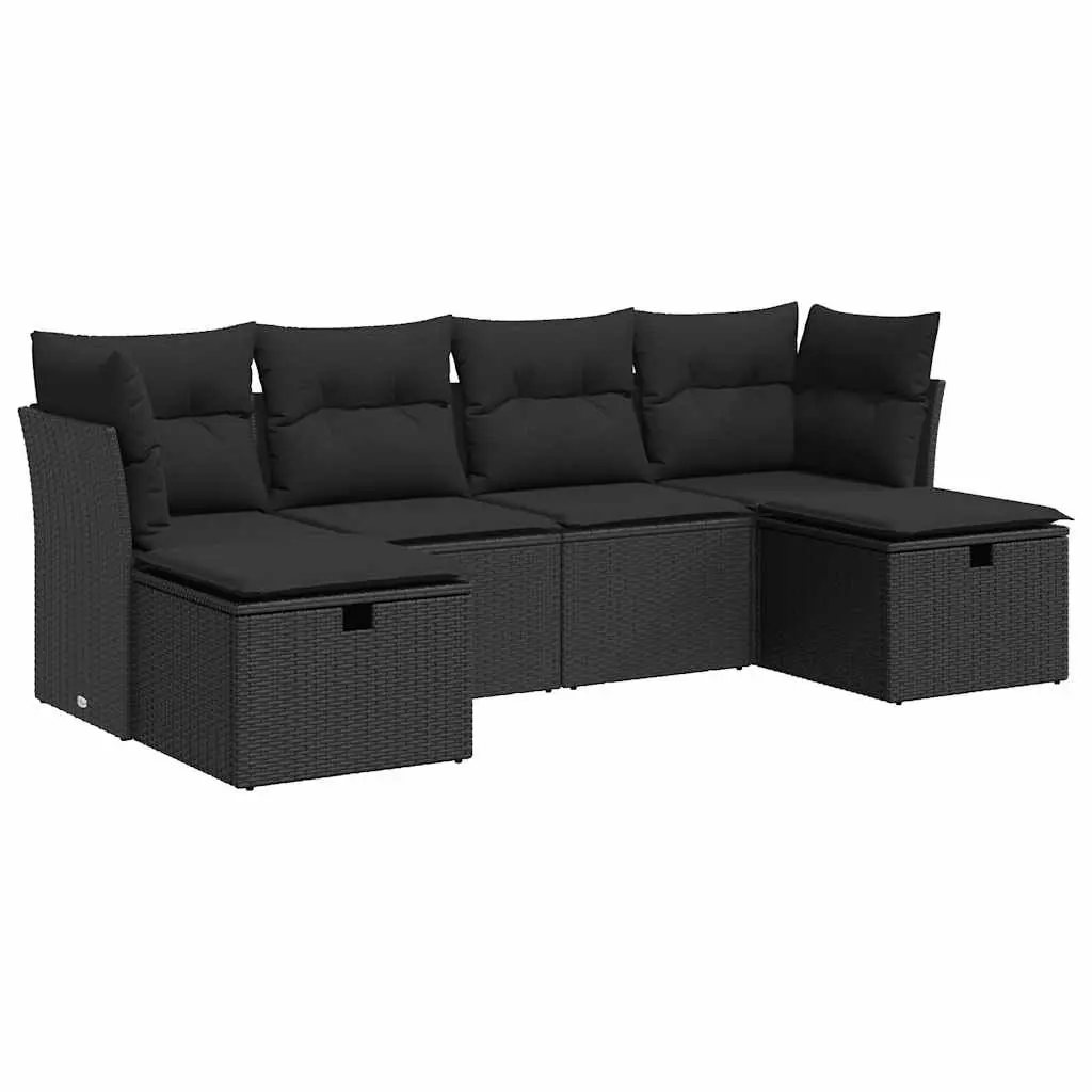 6 Piece Garden Sofa Set with Cushions Black Poly Rattan 3325321 - Furniture
