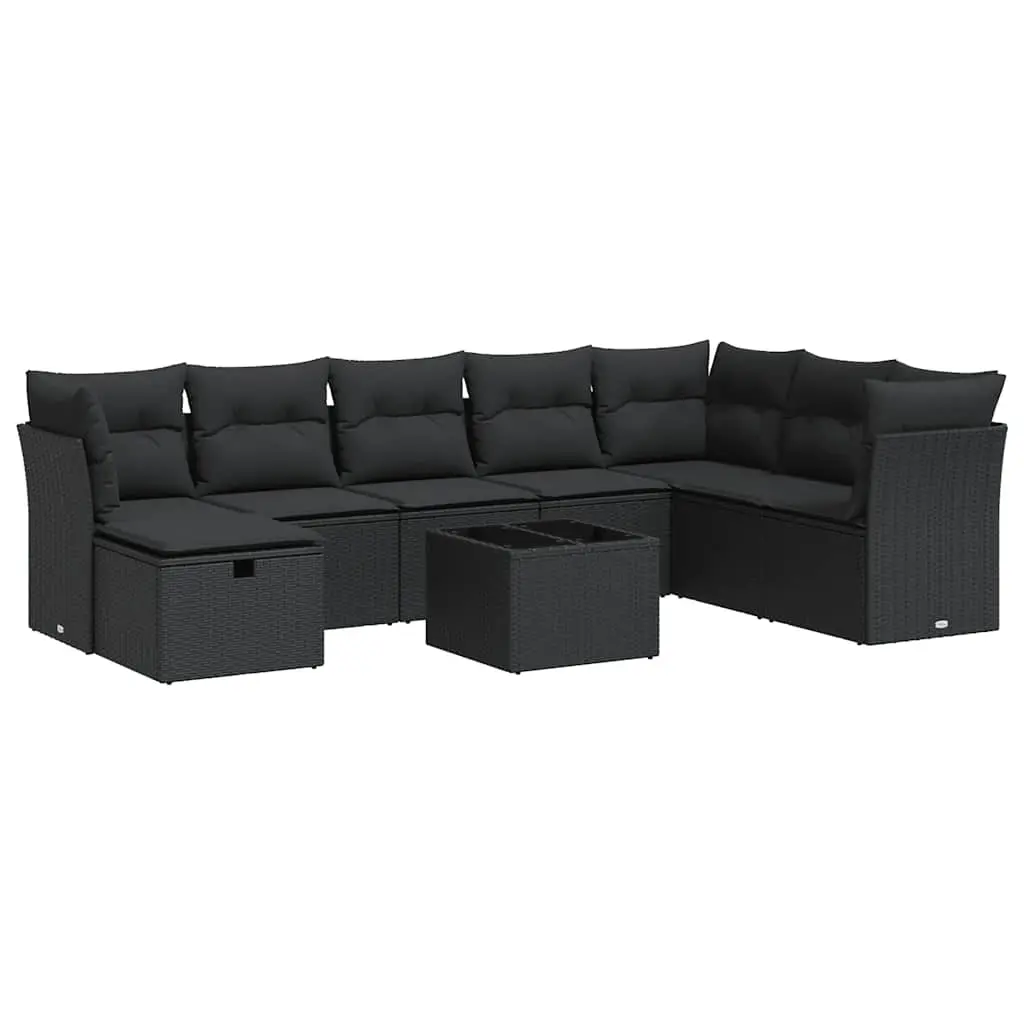 9 Piece Garden Sofa Set with Cushions Black Poly Rattan 3325341 - Furniture