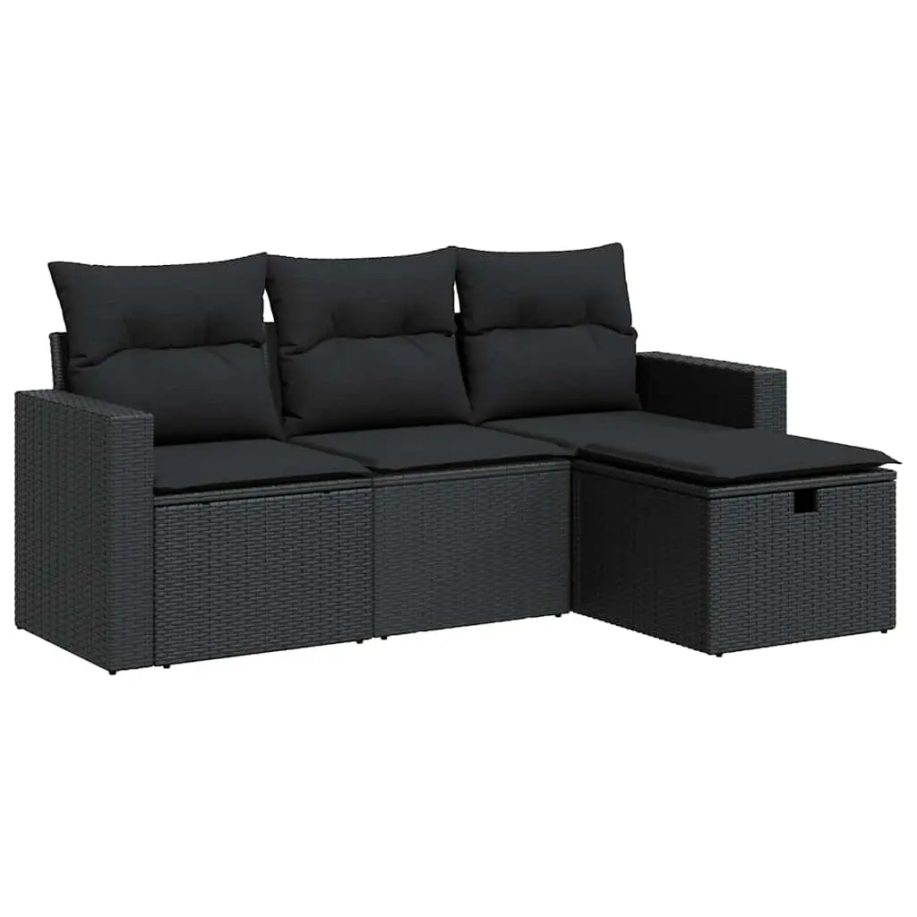 4 Piece Garden Sofa Set with Cushions Black Poly Rattan 3325351 - Furniture