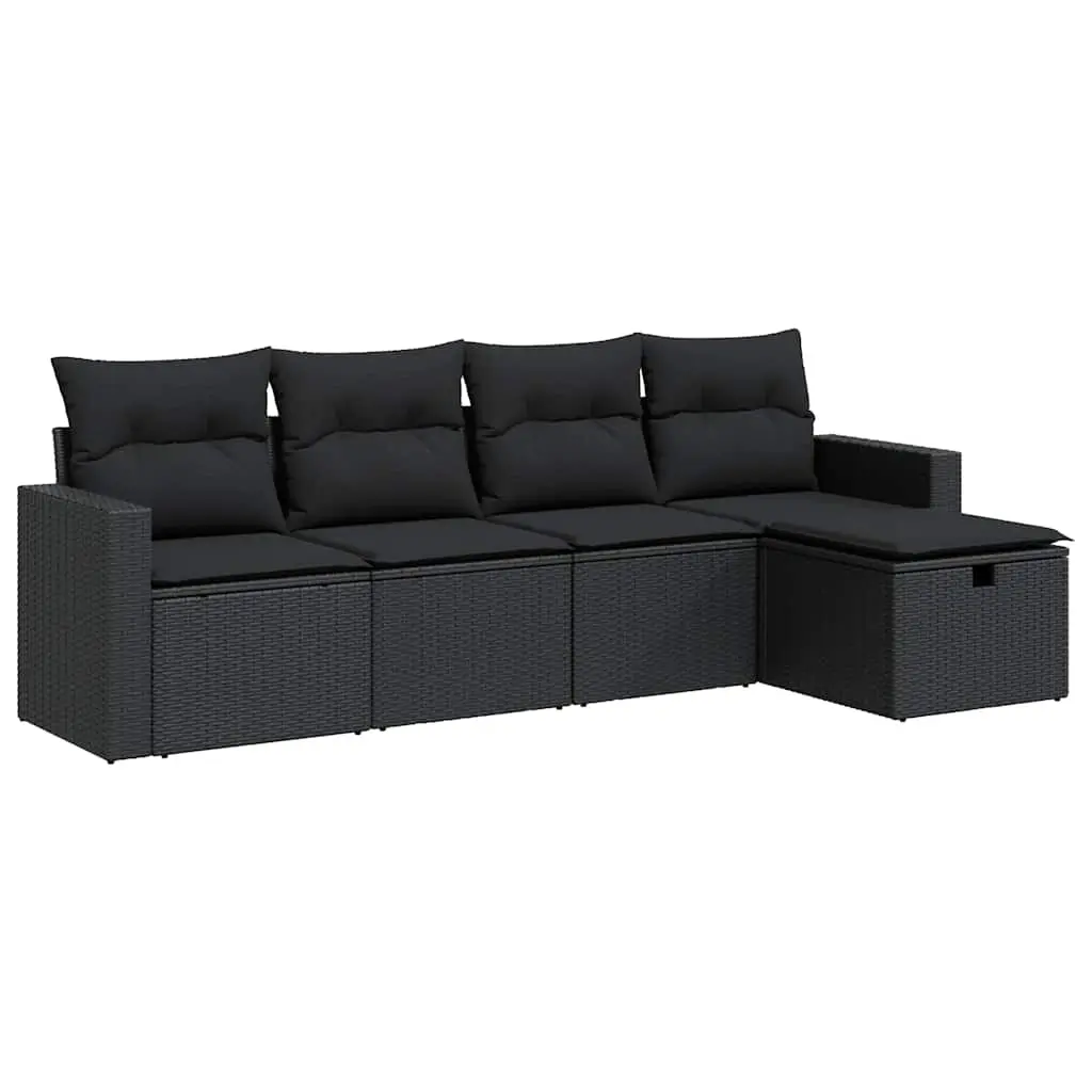 5 Piece Garden Sofa Set with Cushions Black Poly Rattan 3325361 - Furniture