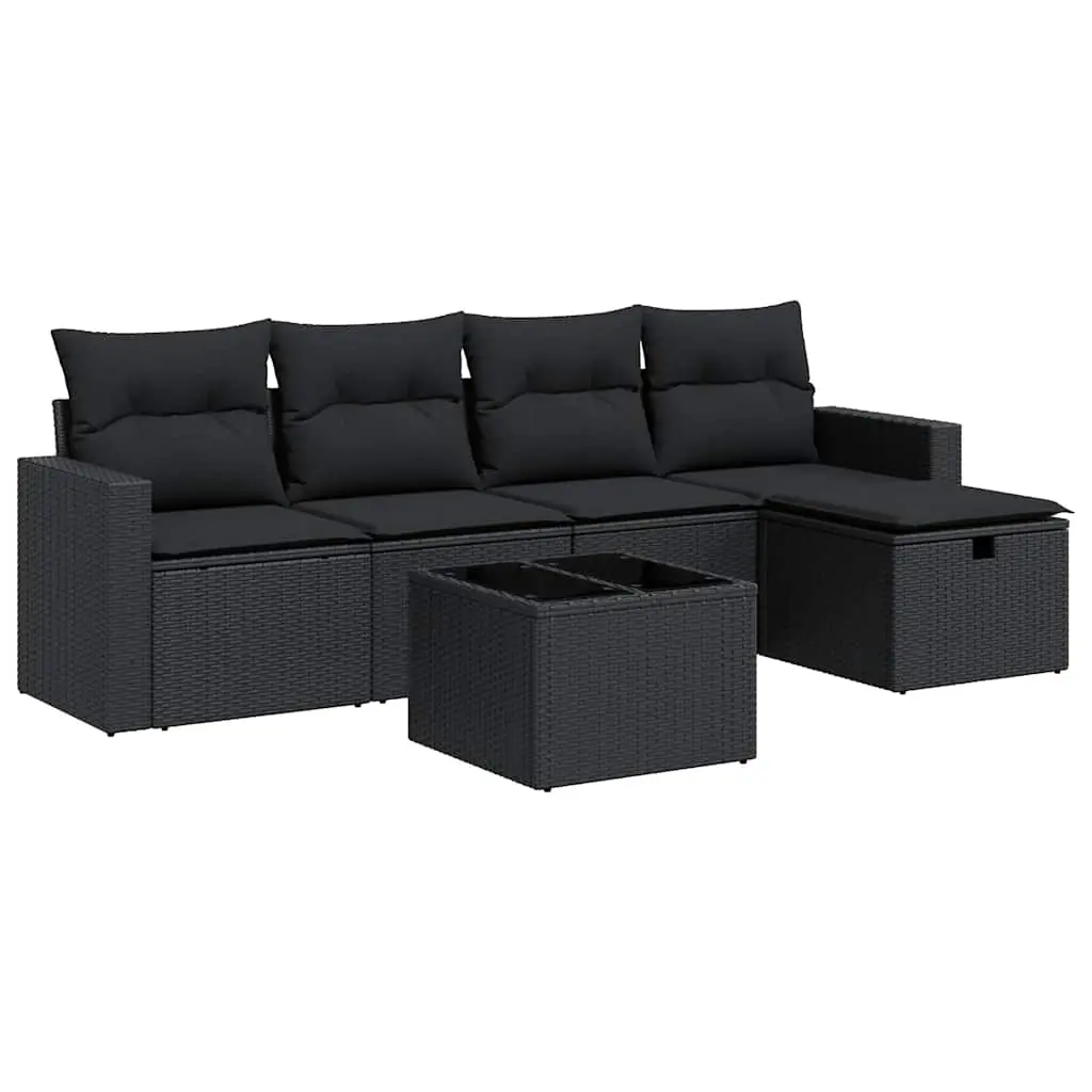 6 Piece Garden Sofa Set with Cushions Black Poly Rattan 3325371 - Furniture