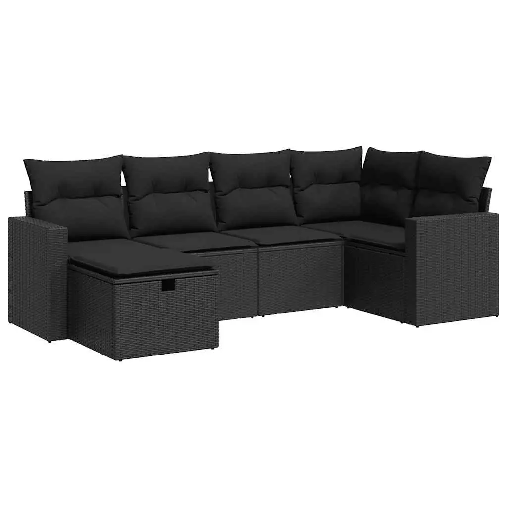 6 Piece Garden Sofa Set with Cushions Black Poly Rattan 3325381 - Furniture