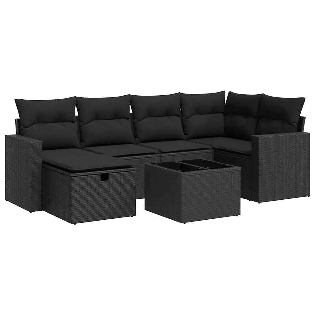 7 Piece Garden Sofa Set with Cushions Black Poly Rattan 3325391 - Furniture