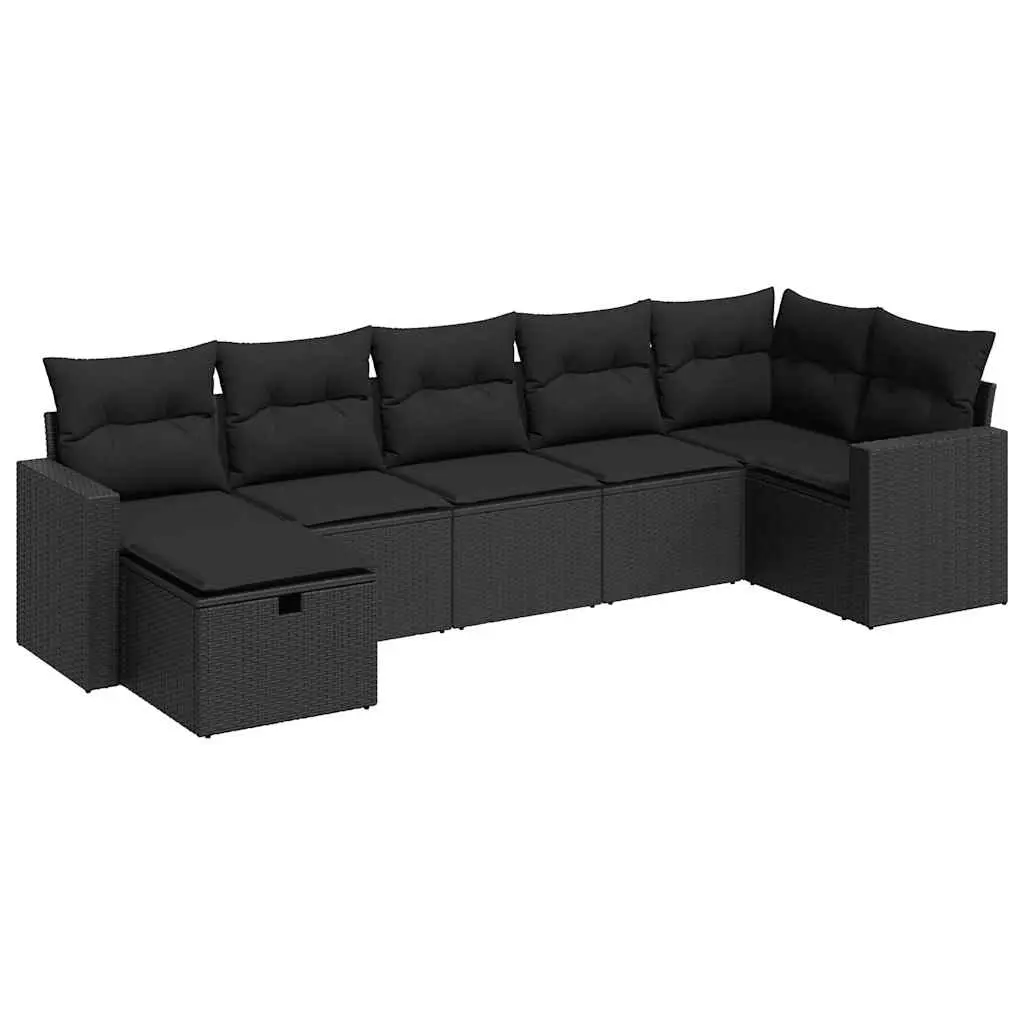 7 Piece Garden Sofa Set with Cushions Black Poly Rattan 3325401 - Furniture