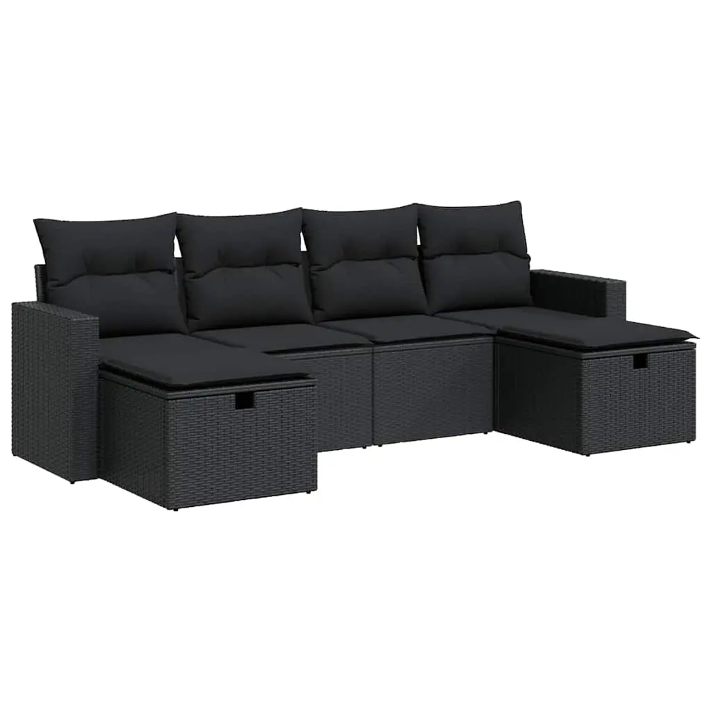 6 Piece Garden Sofa Set with Cushions Black Poly Rattan 3325421 - Furniture