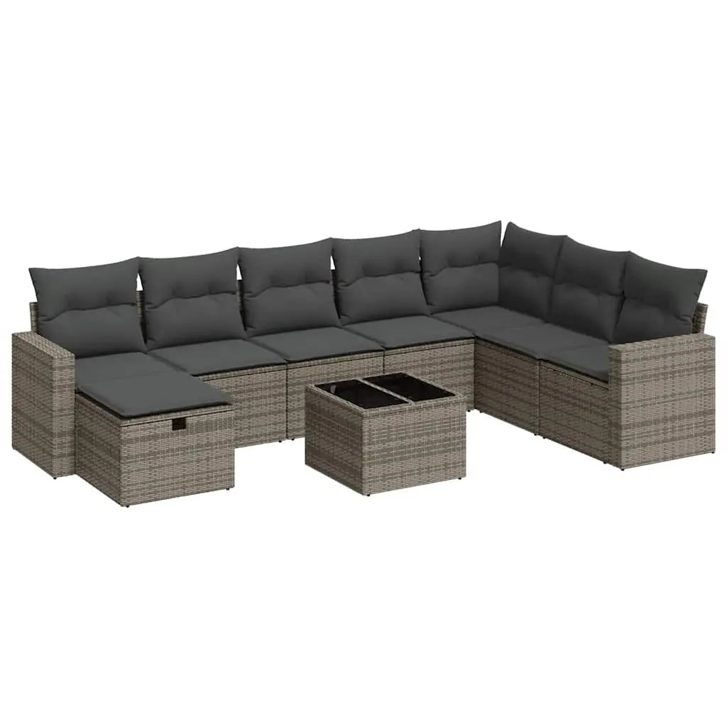 9 Piece Garden Sofa Set with Cushions Grey Poly Rattan 3325446 - Furniture