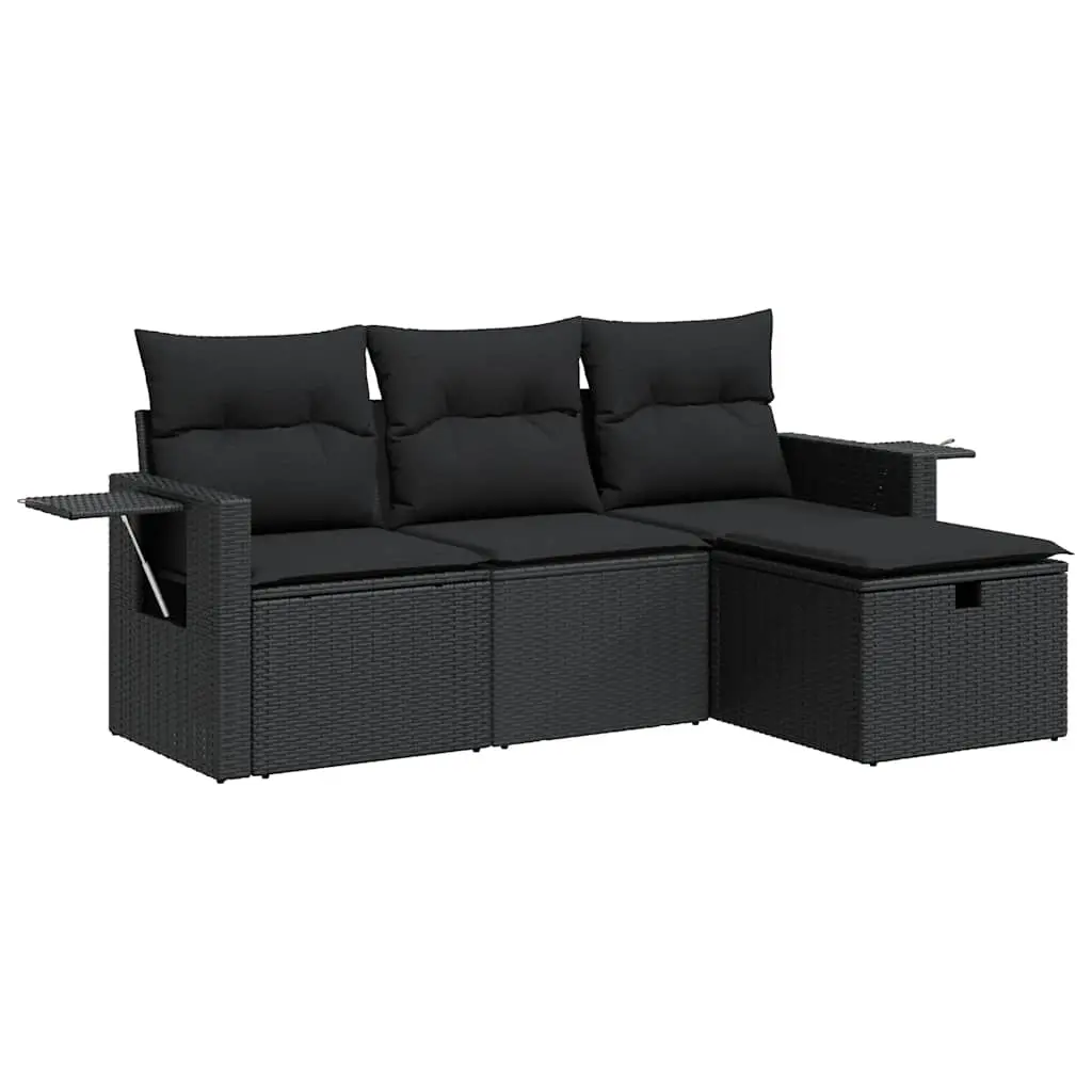 4 Piece Garden Sofa Set with Cushions Black Poly Rattan 3325451 - Furniture