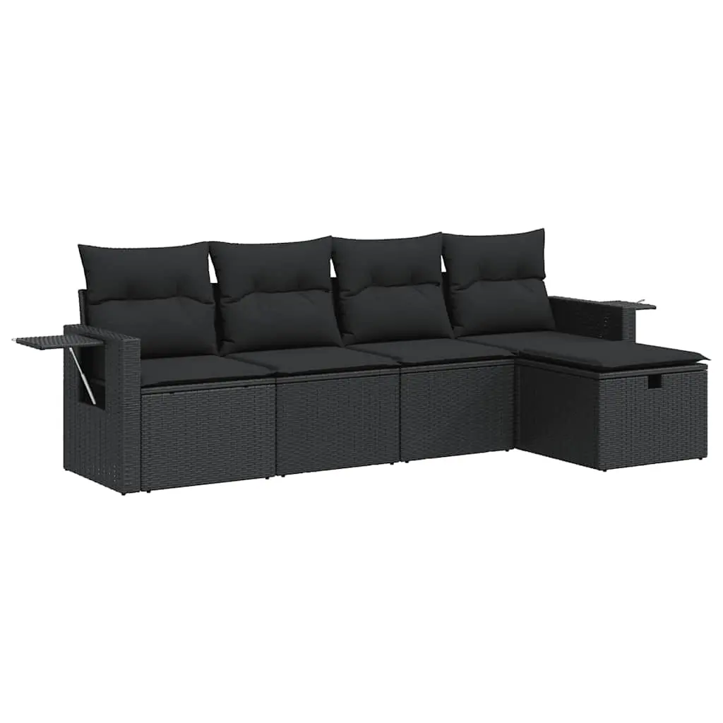 5 Piece Garden Sofa Set with Cushions Black Poly Rattan 3325461 - Furniture